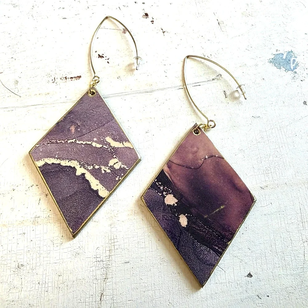 Handmade Abstract Wood Statement Earrings OOAK Muted Plum Gold Metallic Dangles